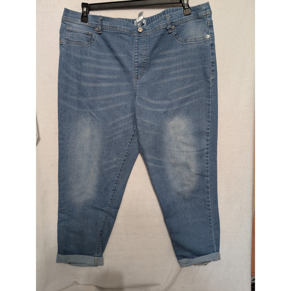 Just Be Womens XL Pull On Denim Jeans Medium Wash Cuffed Cropped Stretch Pants